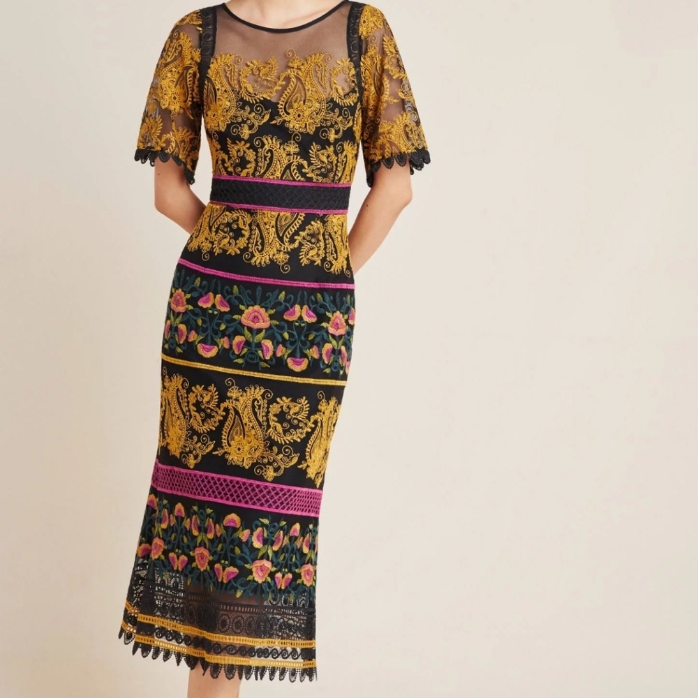 Anthropologie Jacquin Embroidered Boho Black&Gold Floral Midi Dress Size 10 NWOT